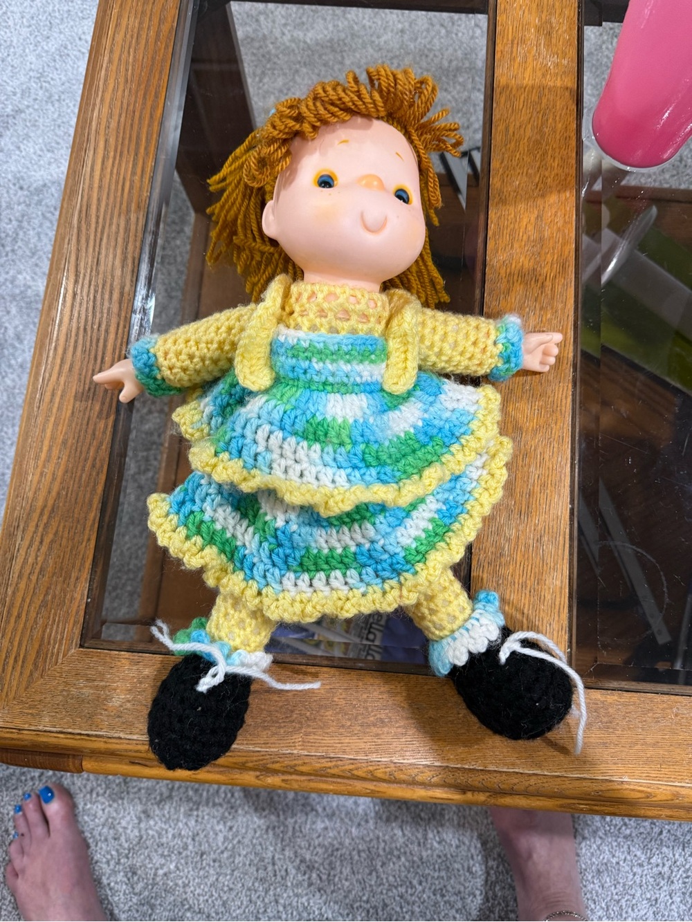 Vintage Doll With Brown Yarn Hair , crochet dress w/ plastic head and hands